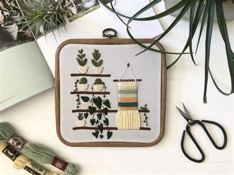 Plant Shelf Embroidery Botanical Art Embroidered Hoop Succulent