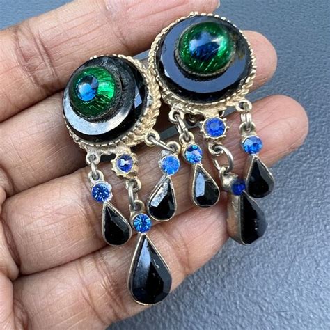 Vintage Peacock Eye Foil Glass Clip On Dangle Earrin Gem