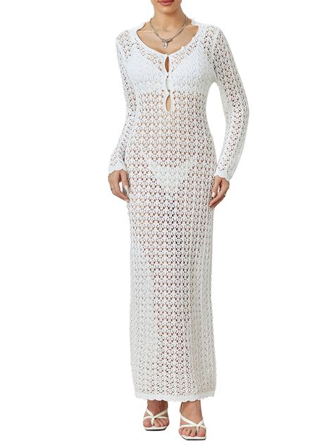 Jxzom Women S Crochet Cover Ups Hollow Out Bikini Swimwear Long Sleeve