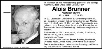 Traueranzeigen Von Alois Brunner Trauer Bz