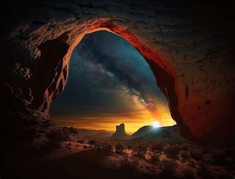 Premium AI Image | A cave with a sunset in the background