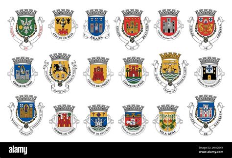 Portugal coat of arms. Portuguese districts heraldic emblems, vector ...