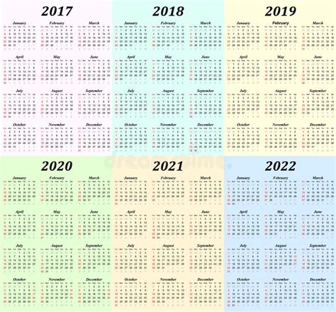 Sex årskalender 2017 2018 2019 2020 2021 Och 2022 Vektor