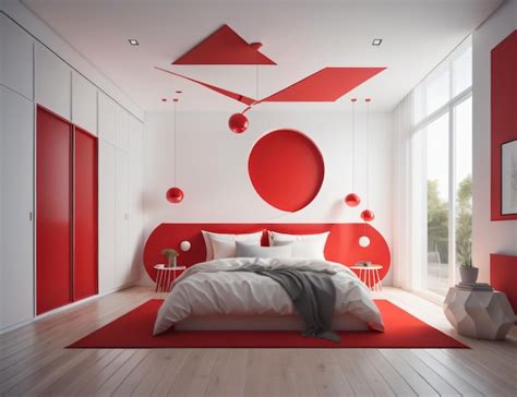 Premium AI Image | Modern bedroom with red and white walls and equipped ...