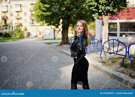 Elegant Blonde Girl Wear On Black Leather Jacket Stock Image Image Of