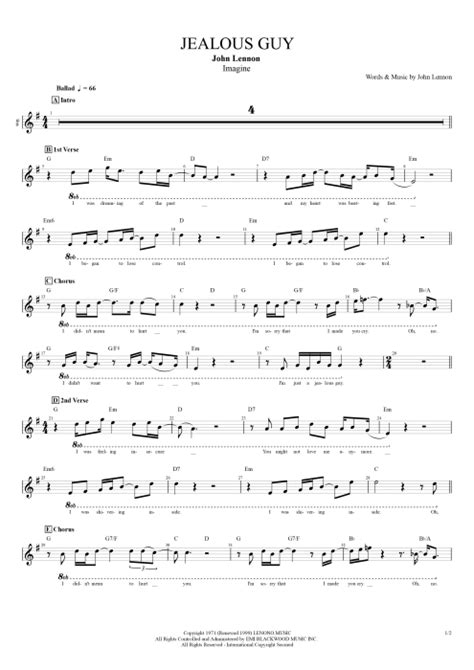 Tablature Jealous Guy De John Lennon Guitar Pro Guitare Basse Et