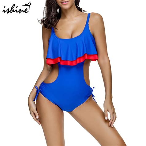 2018 Sexy One Piece Ruffle Swimsuit Women Color Blocking Swimwear