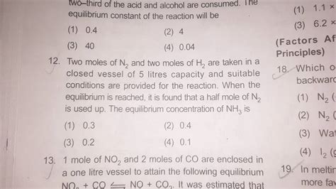 Mole Of No And Moles Of Co Are Enclosed In A One Litre Vessel T