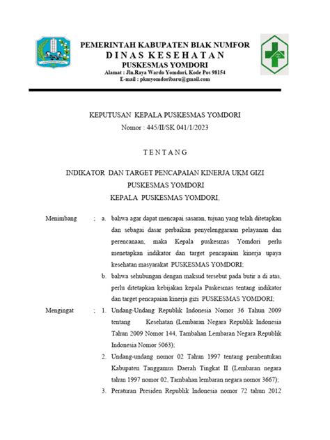 Sk Kepala Puskesmas Tentang Indikator Dan Target Kinerja Ukm Pdf