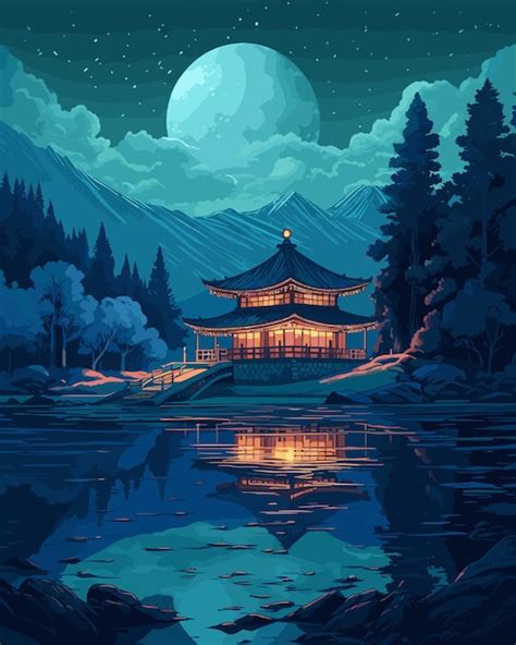 Ilustração de uma casa tradicional japonesa na floresta à noite e lua