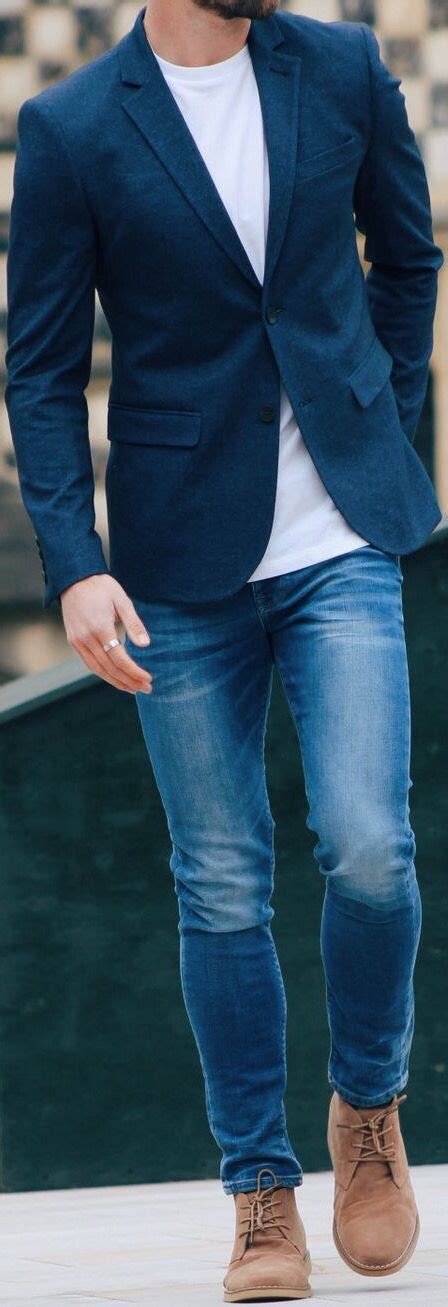 Dark Blue Navy Blazer White T Shirt Light Blue Jeans Light