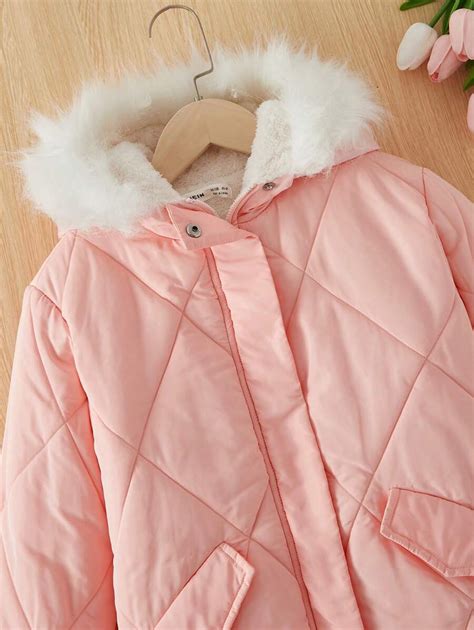 Tween Girl Fuzzy Trim Hooded Thermal Lined Quilted Coat Shein Usa