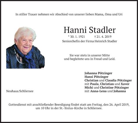 Traueranzeigen Von Hanni Stadler Trauer Merkur De