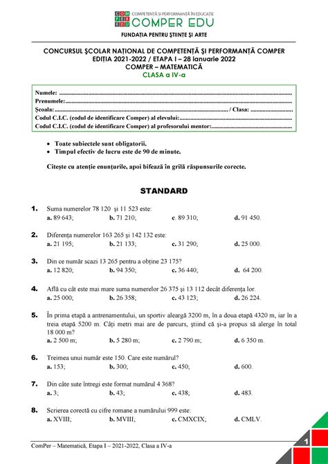 Subiect Comper Mate Etapa I 2021 2022 Clasa Iv 1 FundaŢia Pentru