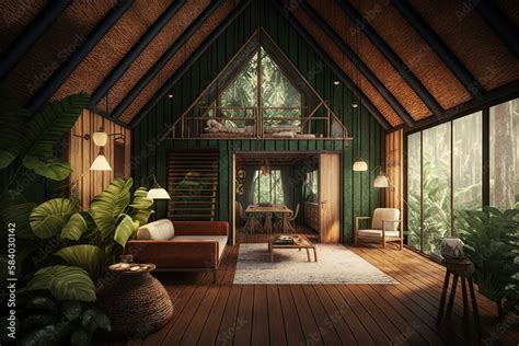 tropical wooden hut in forest jungle interior design, created with generative ai Stock ...