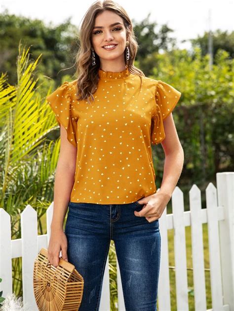 Heart Confetti Mock Neck Keyhole Back Blouse Shein Usa