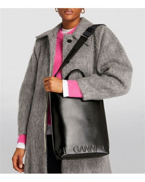 Ganni Leather Banner Tote Bag In Black Lyst