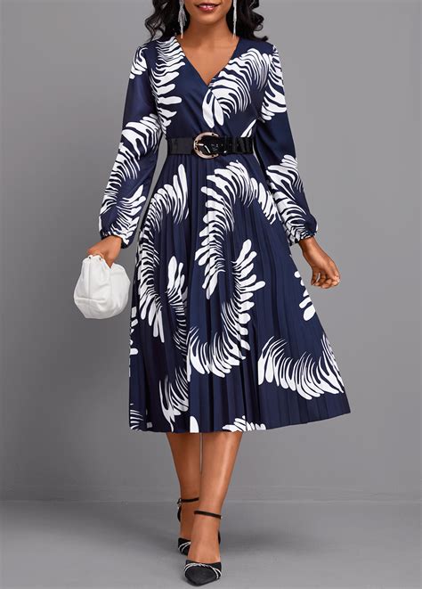 Graffiti Print Pleated Navy Long Sleeve V Neck Dress Rosewe Usd