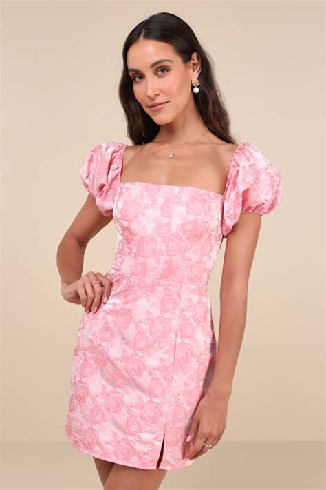 Pink Jacquard Dress Floral Mini Dress Puff Sleeve Mini Dress Lulus