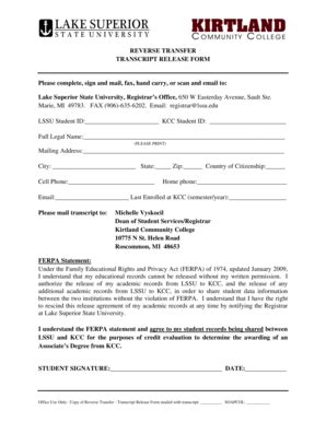 Fillable Online Lssu Reverse Transfer Transcript Release Form Please