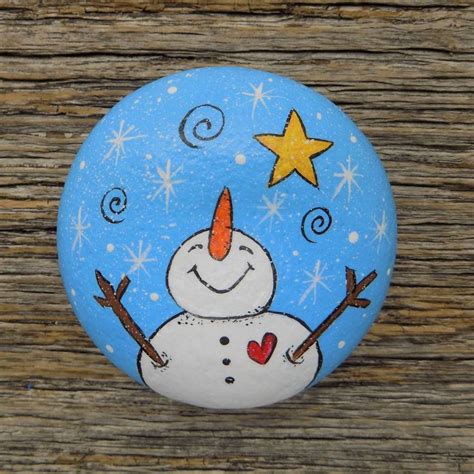 Snowman Hand Painted Rock Decorative Accent Stone Etsy Uk Hand