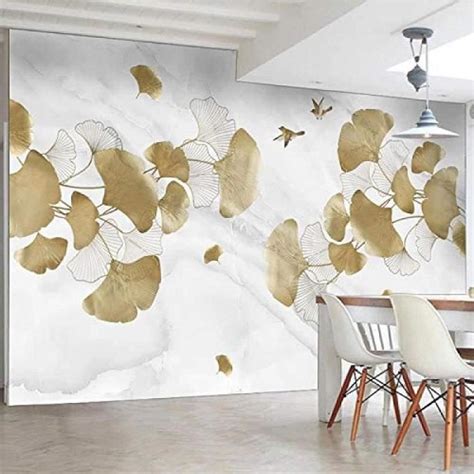 Papier peint Mural personnalisé 3D doré feuille de Ginkgo oiseau marbre