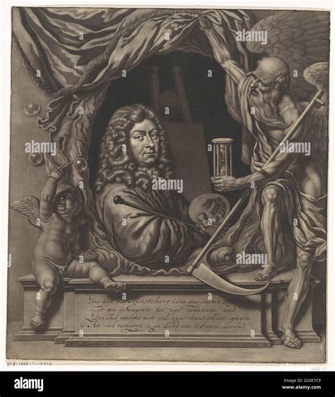 Self-portrait from Michiel van Musscher in allegorical frame. The painter, print maker and ...