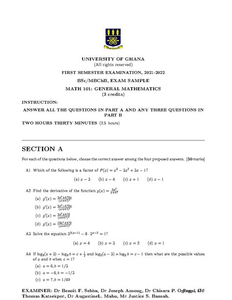 Exam Sample Math 101 2022 220515 165130 University Of Ghana All Rights Reserved First