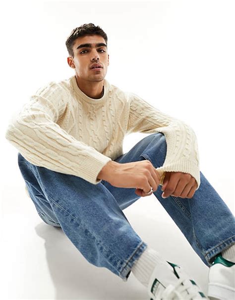 Asos Design Heavyweight Knitted Cable Crew Neck Jumper In Ecru Asos