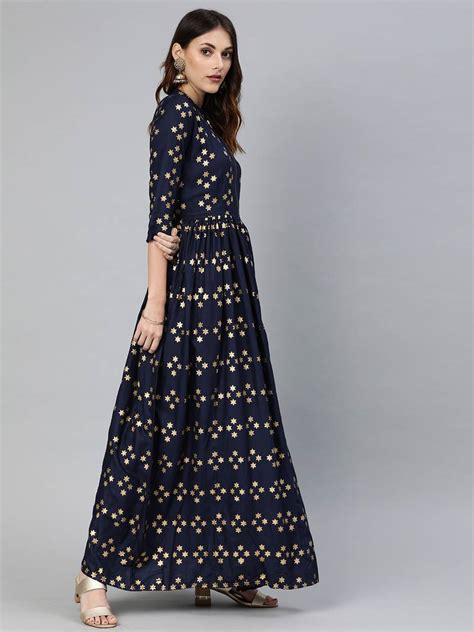 Navy Blue Printed Viscose Rayon Long Dresses Swishchick 3374123