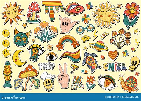 Retro 70s Stickers Hippie Psychedelic Trippy Groovy Elements Cartoon Funky Sticker Vintage