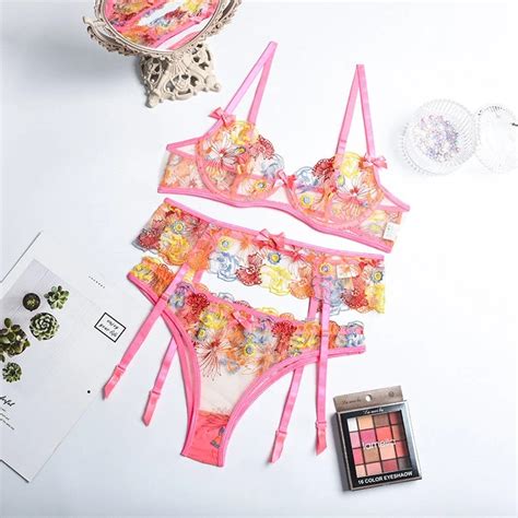 Yimunancy 3 Piece Lace Bra Set Lady Flower Embroidery Bra Panty Set Womens Sexy Underwear Set