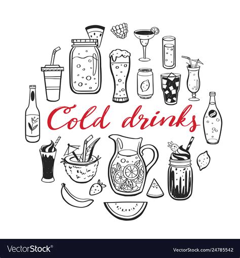 Hand Drawn Set Cold Drinks Summer Royalty Free Vector Image