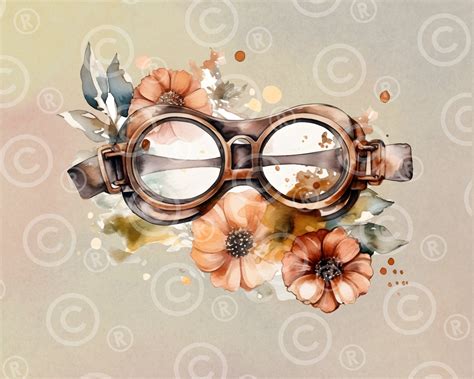 Steampunk Goggles Clipart Spring Flowers Watercolor Floral Clipart Png