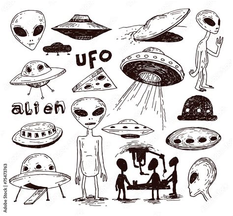 Set Of Alien And Ufo Icon Hand Drawn Vector Illustration Stock Vector