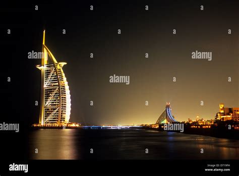 United Arab Emirates Dubai View Of Burj Al Arab Hotel At Night Stock