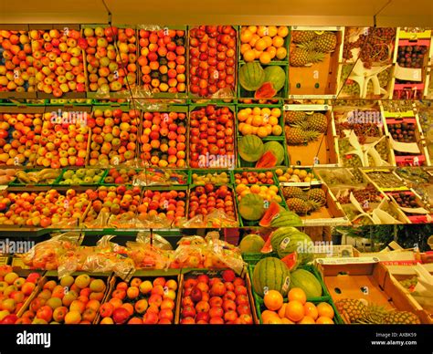 Display For Fresh Fruit And Vegetables In A Supermarket Stock Photo