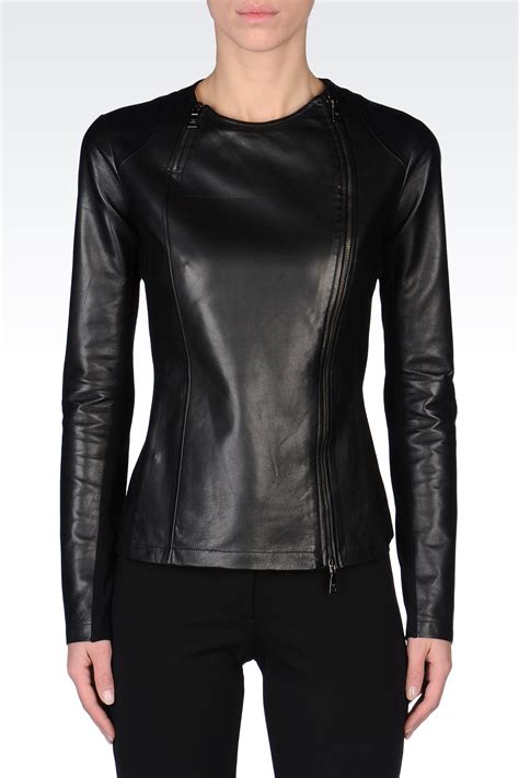 Emporio Armani Round Neck Leather Jacket With Asymmetric Fastening In