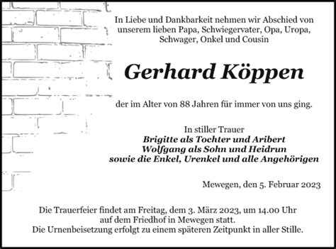 Traueranzeigen von Gerhard Köppen Trauer Nordkurier