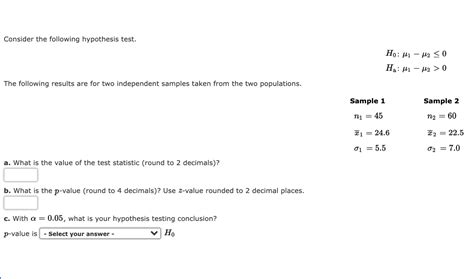 Solved Consider The Following Hypothesis Test Ho μι μ2