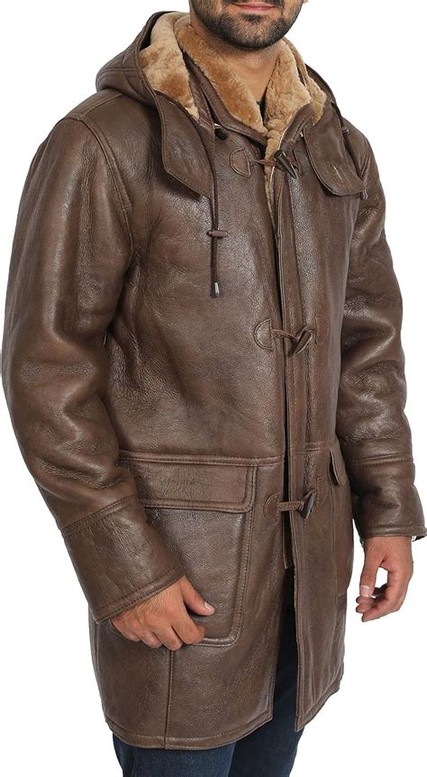 Hombre Verdadero Piel De Oveja Duffle Coat De Longitud Encapuchado