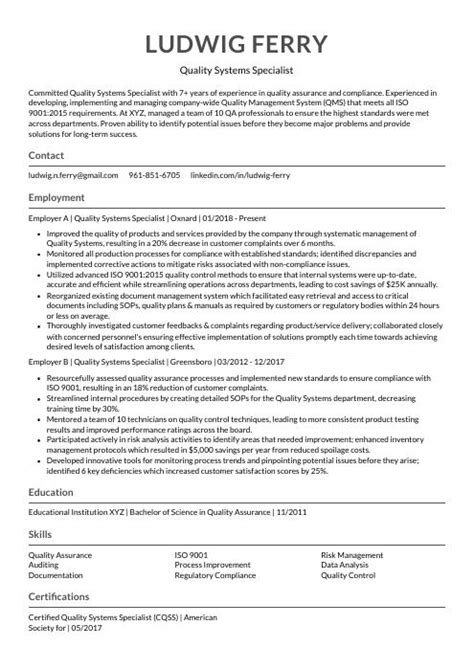 Quality Systems Specialist Resume CV Example And Writing Guide