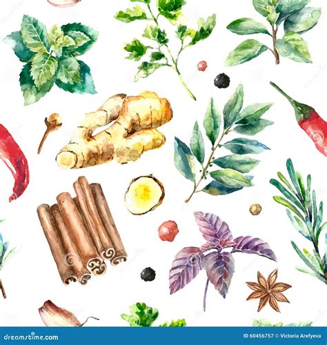 Watercolor Seamless Pattern Of Fresh Herbs And Spices Stock Vector