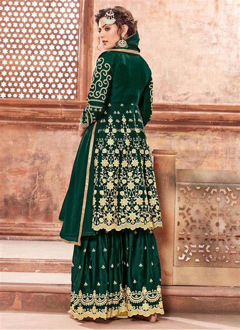 Dark Green Embroidered Georgette Sharara Suits Monjolika 2901965