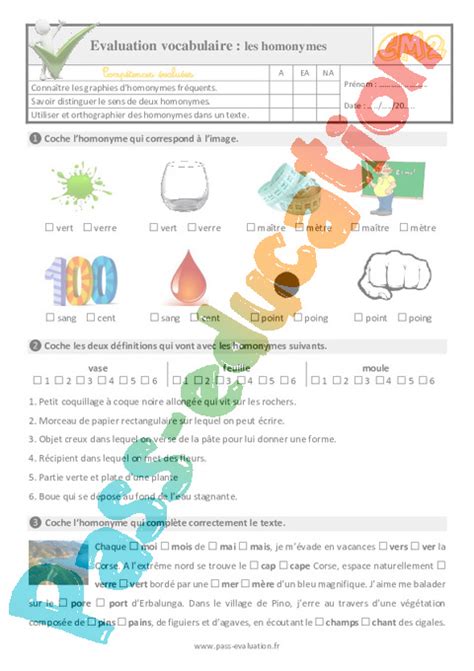 Les homonymes au CM2 Evaluation QCM Quiz PDF à imprimer