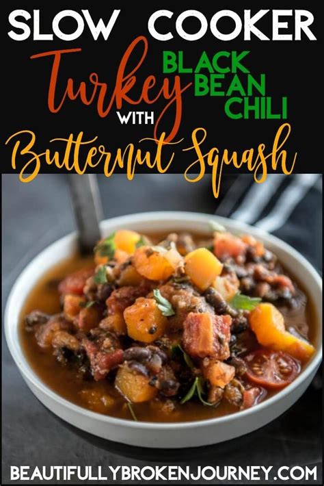 Slow Cooker Turkey And Bean Chili With Butternut Squash In A White Bowl