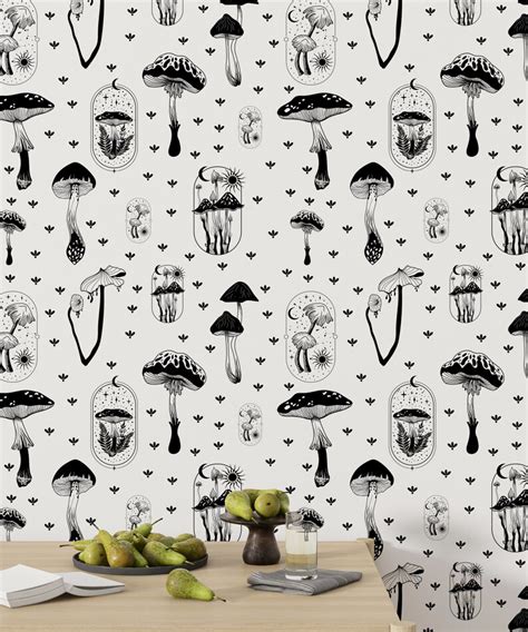 Black and White Wallpaper Mushroom Wallpaper Sun and Moon - Etsy