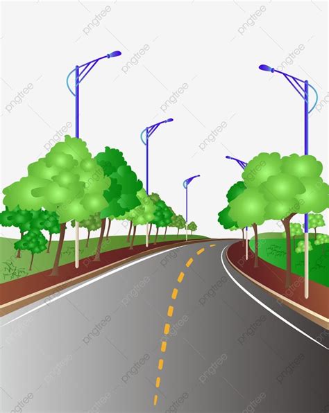 an image of a road with trees and street lights