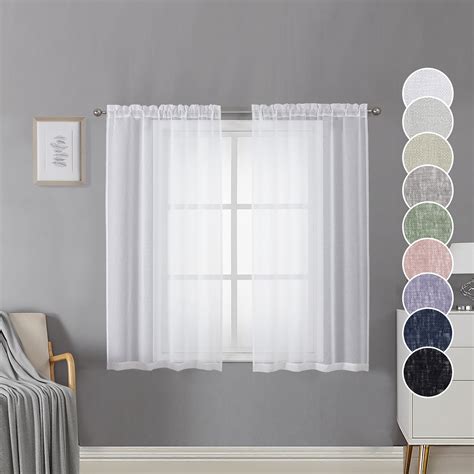 OVZME Dolly White Sheer Curtains 45 Inches Length 2 Panels Faux Linen