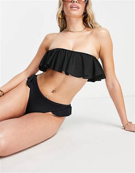 Asos Design Mix And Match Trägerloses Bikinioberteil In Schwarz Mit Rüschen Asos